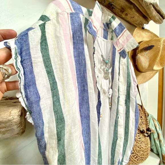 Comfy LINEN boho sleeveless blouse in trendy pastel stripes-cottage/resort vibe - Picture 6 of 13